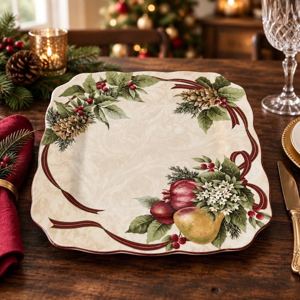 222 Fifth Yuletide Celebration Square Dinner Plate Fine China Christmas Fruit